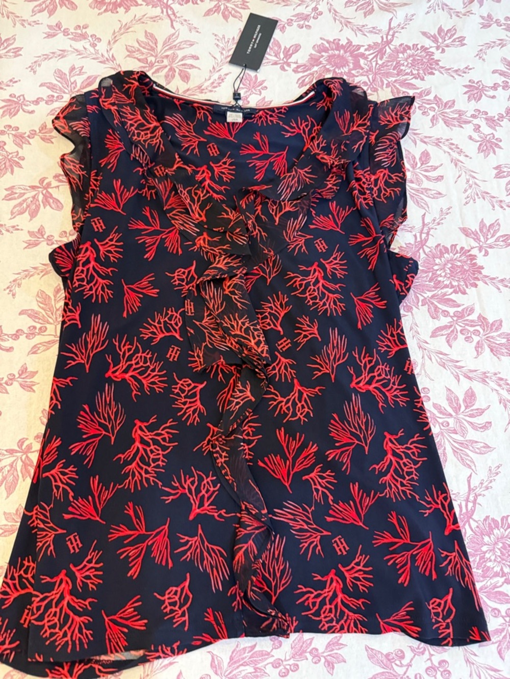 Tommy Hilfiger NWT Navy with Red Coral Ruffle V-Neck Blouse